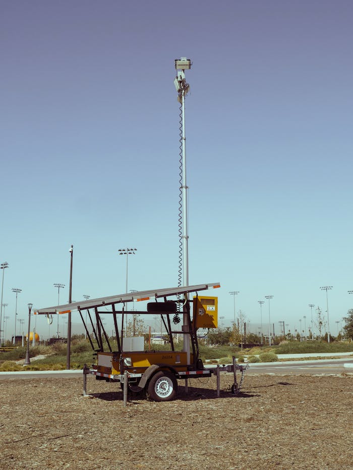 Solar power station outdoors with tall antenna against a clear sky, highlighting renewable energy.